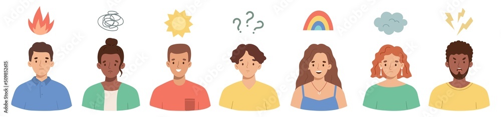 Set of characters expressing their feelings and emotions. Mood and emotional state - happy, sad, angry, confused, scared, excited. Vector flat illustration. Set of characters expressing their feelings and emotions. Mood and emotional state - happy, sad, angry, confused, scared, excited. Vector flat illustration.