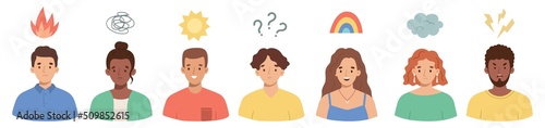 Set of characters expressing their feelings and emotions. Mood and emotional state - happy, sad, angry, confused, scared, excited. Vector flat illustration.