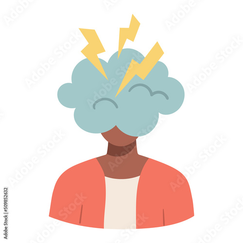 Woman with cloud and lightening on her head. Negative emotions. Vector flat illustration.