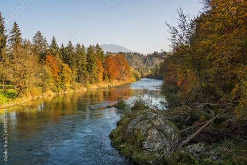 Fototapeta Naklejka Na Ścianę i Meble -  Autumn morning by the river Sava in Slovenia. 