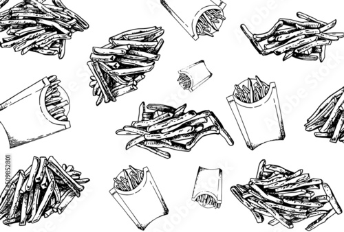 pattern french fries, stylish food cover for fabric, postcards, wallpapers,graphical vector illustration. Fast food and menu background design	
