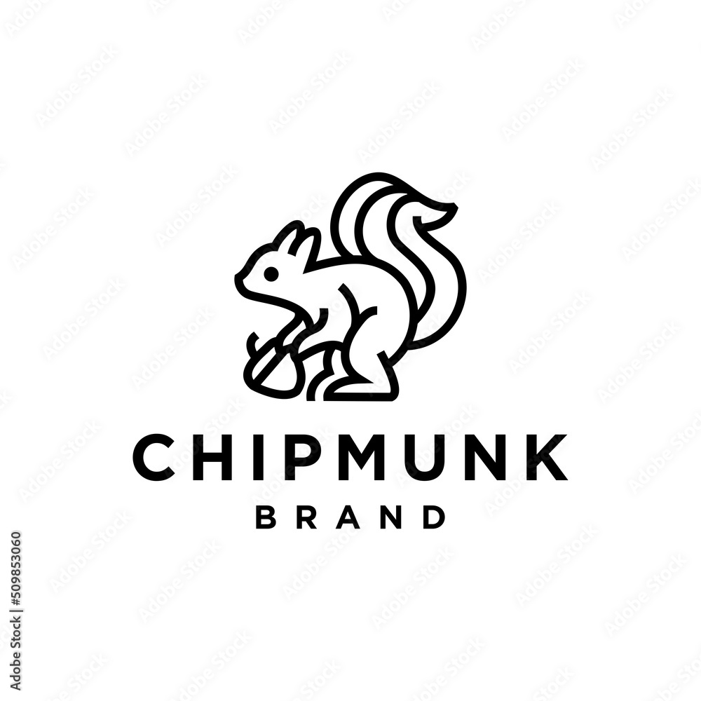 chipmunk line logo icon. chipmunk holds a accorn nut vector icon illustration in line art style. squirrel with acorn nut vector art outline style design. 
