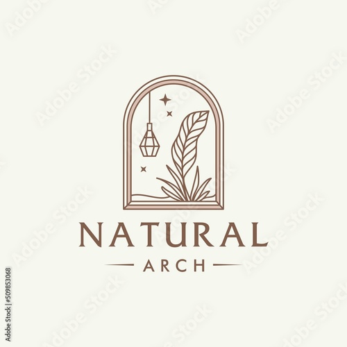 mystic doorway logo, antique arch architecture entrance and window icon, with minimal hanging lamp, window and natural leaves in contemporary aesthetic boho style 