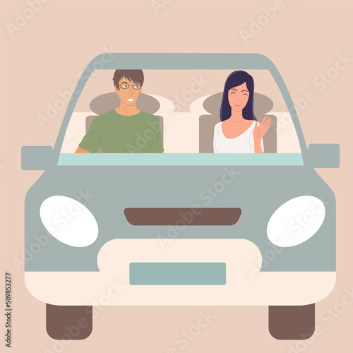 A guy and a girl in love are driving a car. Vector flat.
