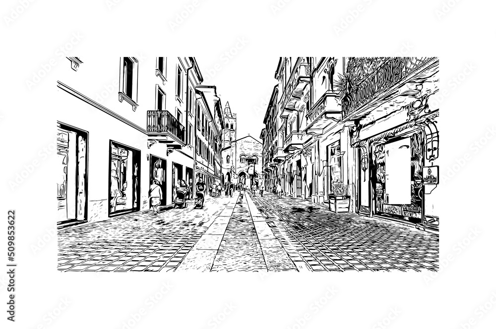 Building view with landmark of Monza is the city in Italy. Hand drawn sketch illustration in vector. Building view with landmark of Monza is the city in Italy. Hand drawn sketch illustration in vector.