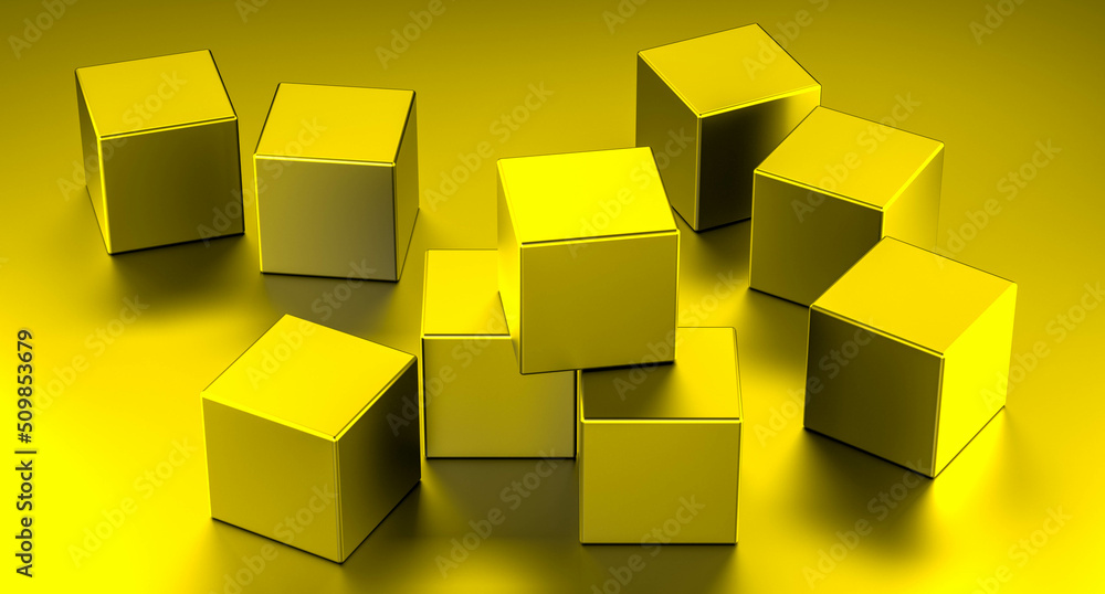 Metallic gold cubes. Metal cubes of golden yellow color. 3D render illustration. Metallic gold cubes. Metal cubes of golden yellow color. 3D render illustration.