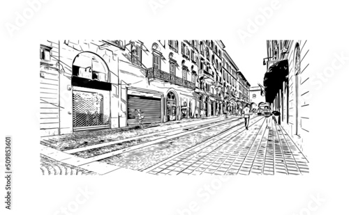 Building view with landmark of Monza is the city in Italy. Hand drawn sketch illustration in vector.