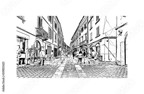 Building view with landmark of Monza is the city in Italy. Hand drawn sketch illustration in vector.
