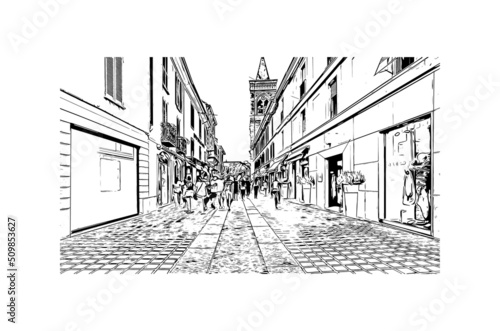 Building view with landmark of Monza is the city in Italy. Hand drawn sketch illustration in vector.