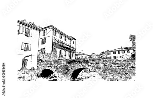 Building view with landmark of Monza is the city in Italy. Hand drawn sketch illustration in vector.