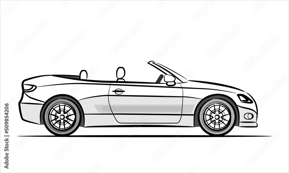 Modern sport car cabriolet, abstract silhouette on white background. Hand drawn modern super car silhouette. Vehicle icons view from side. 