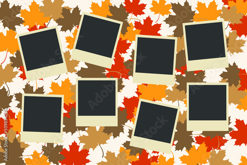 8 square grey color photo collage template, memory concept, yellow brown autumn background, photobook template, picture and image frame