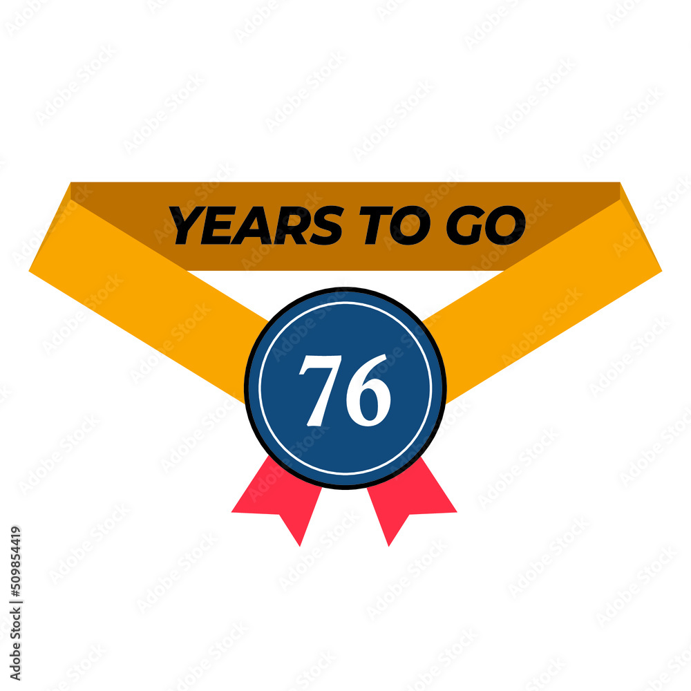 Vector illustration of Years To Go 76 on a white background with a yellow ribbon and modern font Vector illustration of Years To Go 76 on a white background with a yellow ribbon and modern font