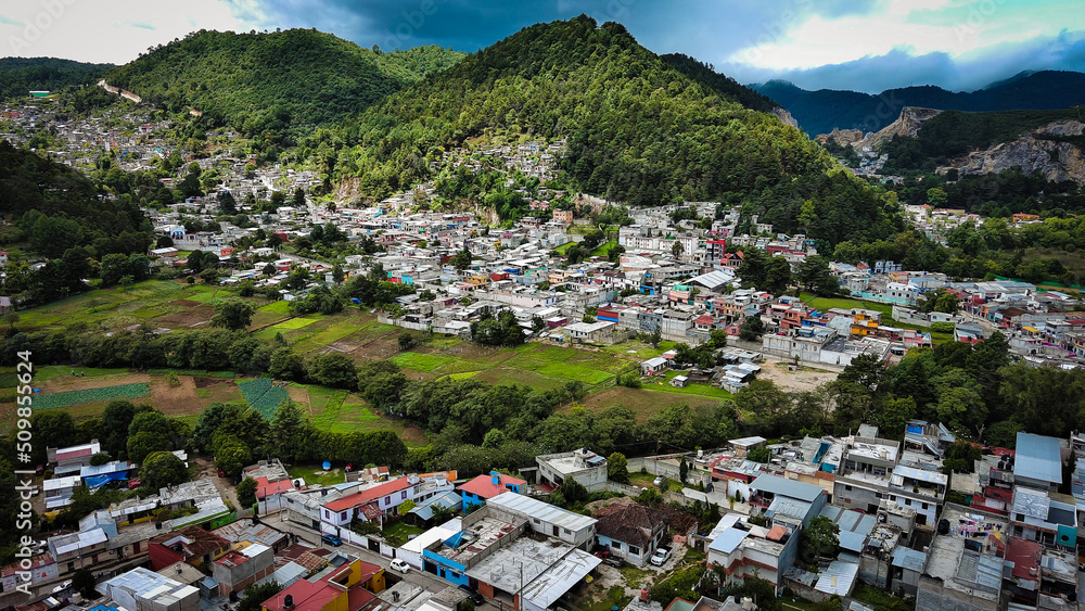 Aerial Drone Fly Above San Cristobal De Las Casas City Hill Sky Valley Landscape Mexico Chiapas 