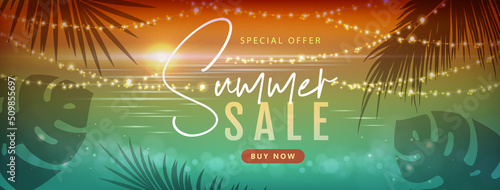 Summer big sale poster with tropic leaves and string of lights. Summer party background. Vector illustration