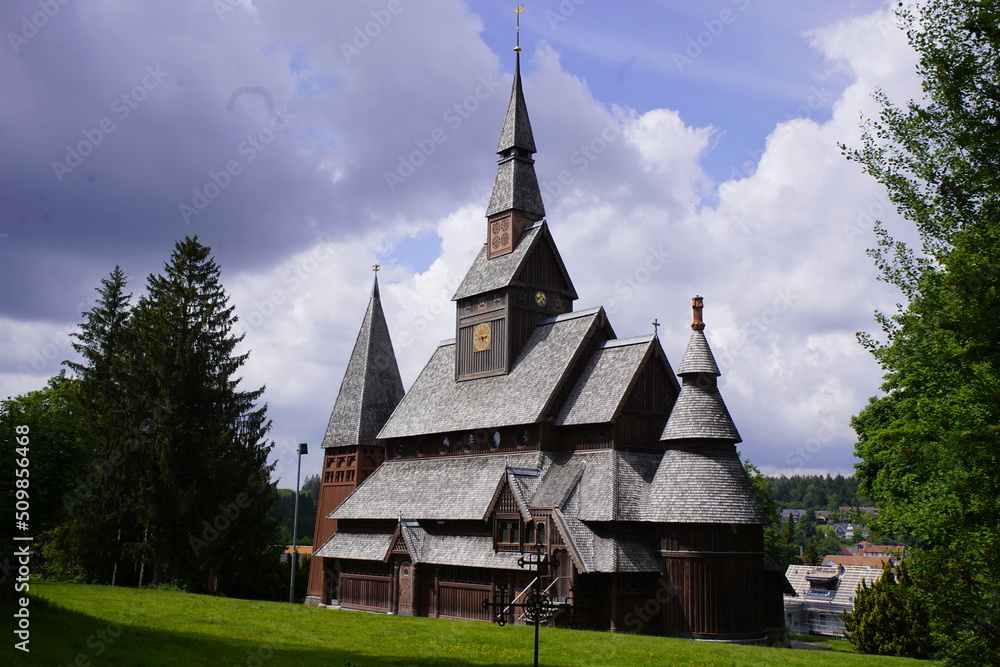 The Lutheran Gustav Adolf Stave Church (German: Gustav-Adolf-Stabkirche) is a stave church situated in Hahnenklee, a borough of Goslar in the Harz mountains, Germany. The Lutheran Gustav Adolf Stave Church (German: Gustav-Adolf-Stabkirche) is a stave church situated in Hahnenklee, a borough of Goslar in the Harz mountains, Germany.
