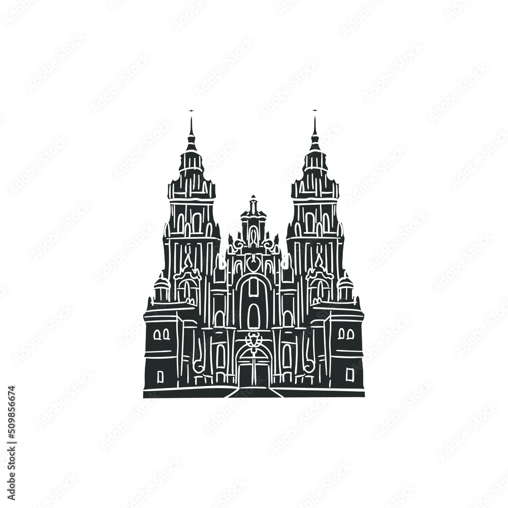 Santiago de Compostela Icon Silhouette Illustration. Cathedral Vector Graphic Pictogram Symbol Clip Art. Doodle Sketch Black Sign.