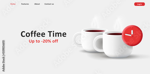 web banner for coffee time with two coffee cups and red clock 3d illustration