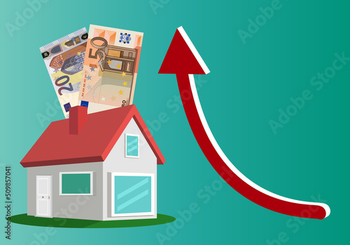 Subida del precio de la vivienda. Una casa con billetes de euro y una flecha roja ascendente en señal de subida de precio