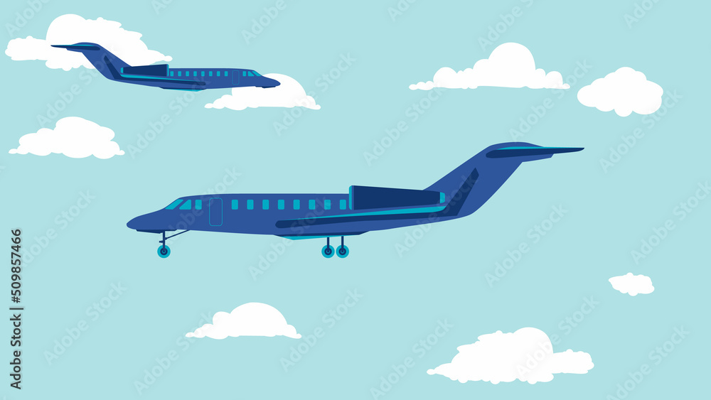 flat cartoon side view of private jet airplane in the sky