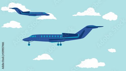 flat cartoon side view of private jet airplane in the sky