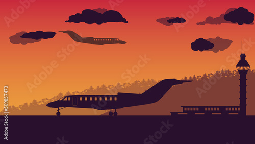 silhouette of private jet airplane and air traffic control tower on orange gradient background