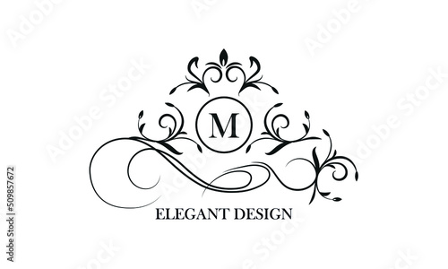 Luxurious logo in vintage style with the initials M. Exquisite vector monogram, frame, label, emblem for the design concept of a boutique, hotel, business.