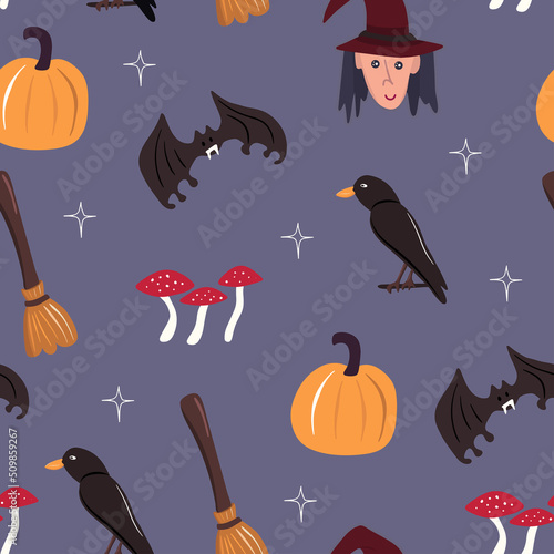 Seamless pattern with pumpkins, witch, bat, broom, crow  for Halloween. Vector print on a purple background. 