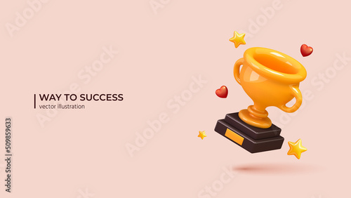 Trophy Cup - Realistic 3d design of Golden champion cup. Accurate promo, Championship trophy or Sport award concept in cartoon minimal style. Vector illustration