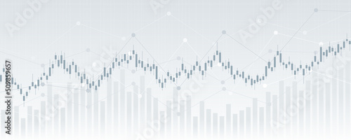 Widescreen abstract financial chart with uptrend line graph and candlestick on black and white color background