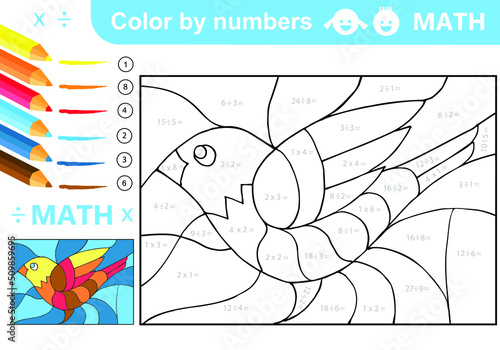 Color by numbers - division and multiplication worksheet for education. Coloring book. Solve examples and paint bird in sky. Math exercises worksheet. Developing counting learn. Print for kids