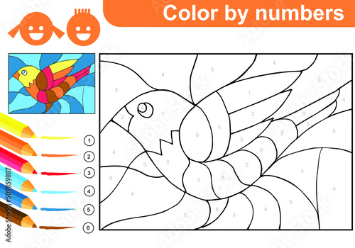Color by numbers for kids. Bird. Coloring page puzzle with numbers for kids. Spring. Summer. Worksheet at school, home. Sketch. Vector.