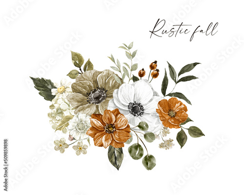 Fall bouquet watercolor illustration. Hand-painted autumn flowers, leaves, and branches. Rustic style floral arrangement.