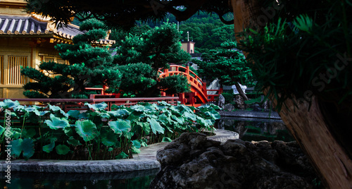 Historical golden temple Chi Lin Nunnery in Nan Lian Garden in ancient Hong Kong