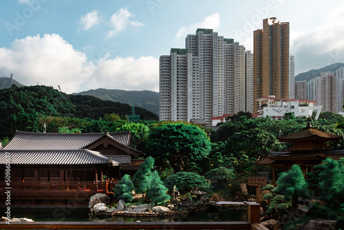 Historical golden temple Chi Lin Nunnery in Nan Lian Garden in ancient Hong Kong
