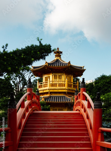Historical golden temple Chi Lin Nunnery in Nan Lian Garden in ancient Hong Kong