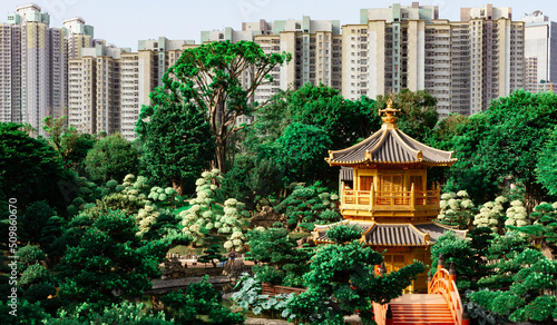 Historical golden temple Chi Lin Nunnery in Nan Lian Garden in ancient Hong Kong