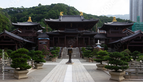 Historical golden temple Chi Lin Nunnery in Nan Lian Garden in ancient Hong Kong