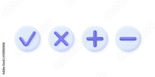 3D Set of plus, minus and cross, check marks isolated on white background. Can be used for many purposes. Trendy and modern vector in 3d style.
