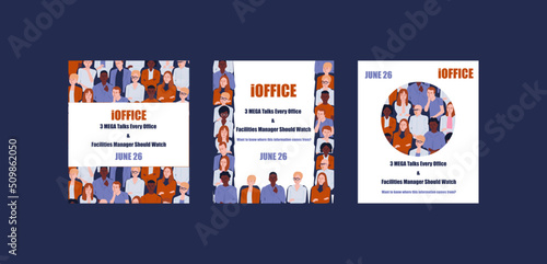 A large collection of brochure templates with people of different races and gender. Business presentation vector vertical orientation layout of the first page set. 