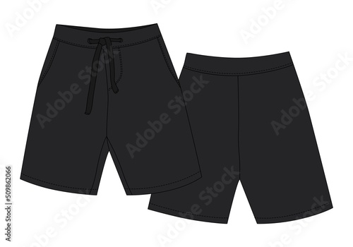 Technical sketch sport shorts pants design. Black color. Boy clothes template.