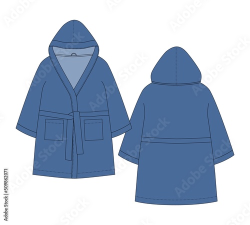 Bathrobe technical sketch. Hooded bathrobe with pocket and belt. Dark blue color.