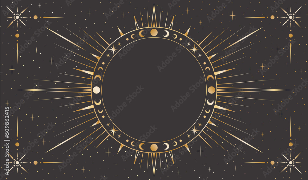 Vector mystic celestial golden frame with stars, moon phases, crescents
