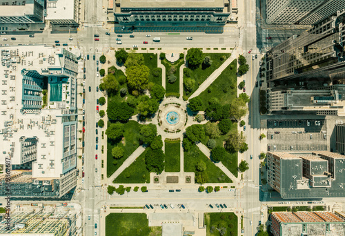 An aerial view of a downtown park