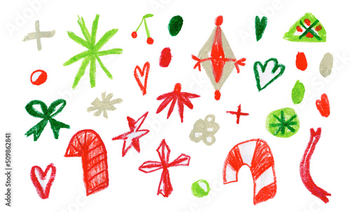 Set of illustrations drawn with wax crayons for the New Year on white isolated background.Christmas,holiday,children's collection of oil pastels in doodle style.Design for postcards,posters,stickers.