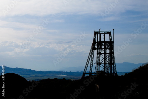 Obsolete ore extraction tower in a disused and abandoned mine in Mazarrón in Murcia