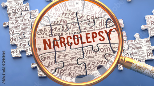 Narcolepsy as a complex and multipart topic under close inspection. Complexity shown as matching puzzle pieces defining dozens of vital ideas and concepts about Narcolepsy,3d illustration photo