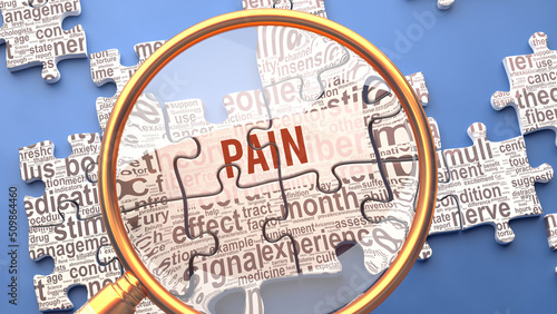 Pain as a complex and multipart topic under close inspection. Complexity shown as matching puzzle pieces defining dozens of vital ideas and concepts about Pain,3d illustration photo