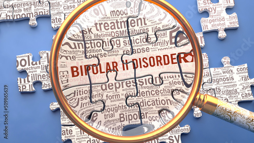 Bipolar ii disorder as a complex topic under close inspection. Complexity shown as puzzle pieces with dozens of ideas and concepts correlated to Bipolar ii disorder,3d illustration photo