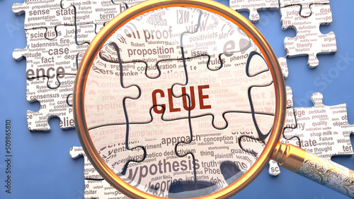 Clue as a complex and multipart topic under close inspection. Complexity shown as matching puzzle pieces defining dozens of vital ideas and concepts about Clue,3d illustration photo